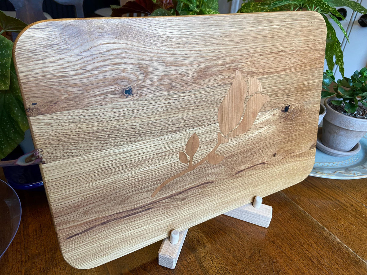 Series #01 | White Oak Charcuterie Board | Cherry Rose & Stem Inlay | Handmade Serving Board