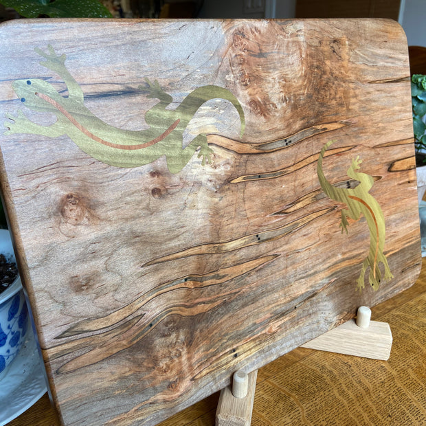 Ambrosia Maple charcuterie board with Gecko Inlay - Handmade Wood Art.
