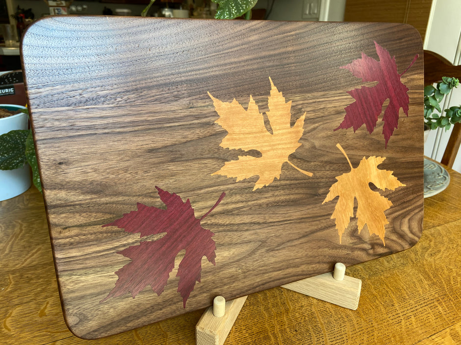 Walnut Charcuterie Board with Fall Leaves Wood Inlay - Handcrafted Woodwork