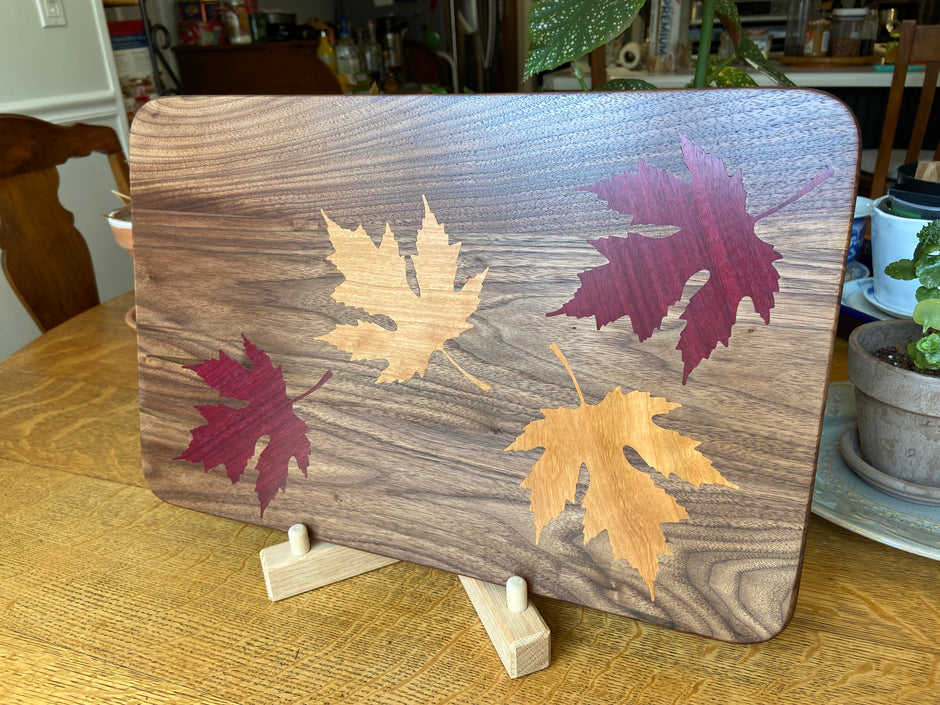 Walnut Charcuterie Board with Fall Leaves Wood Inlay - Handcrafted Woodwork