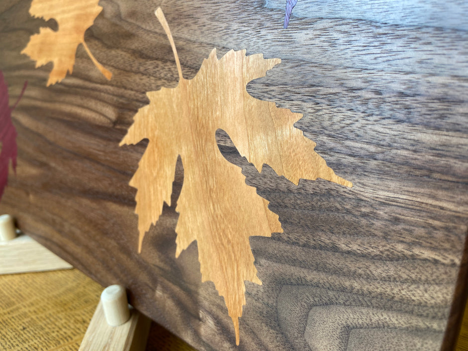 Walnut Charcuterie Board with Fall Leaves Wood Inlay - Handcrafted Woodwork