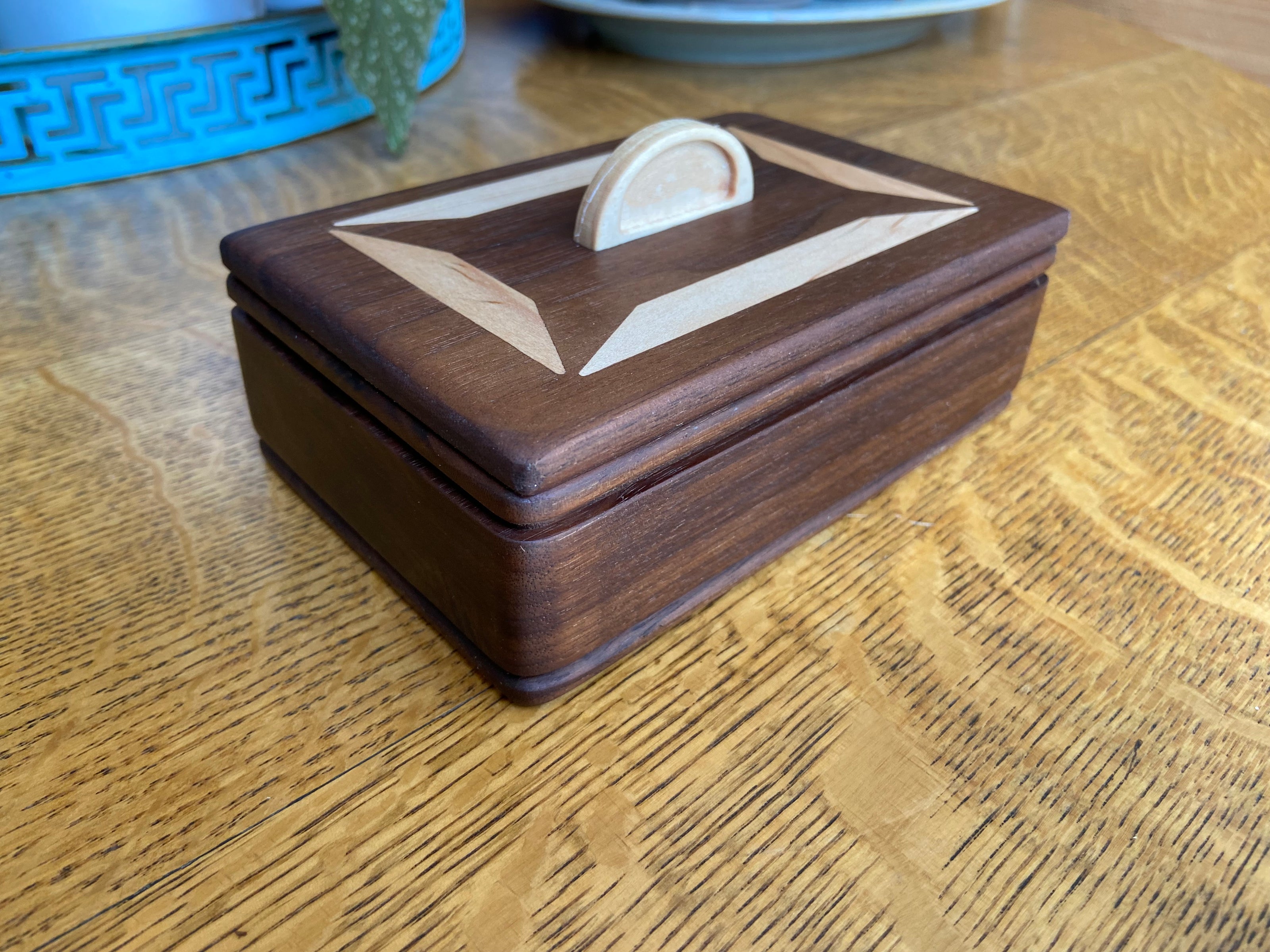 Handcrafted Lidded Keepsake Box with Wood Inlay and Carved Handle - 6