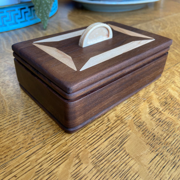 Handcrafted Lidded Keepsake Box with Wood Inlay and Carved Handle - 6" x 4"