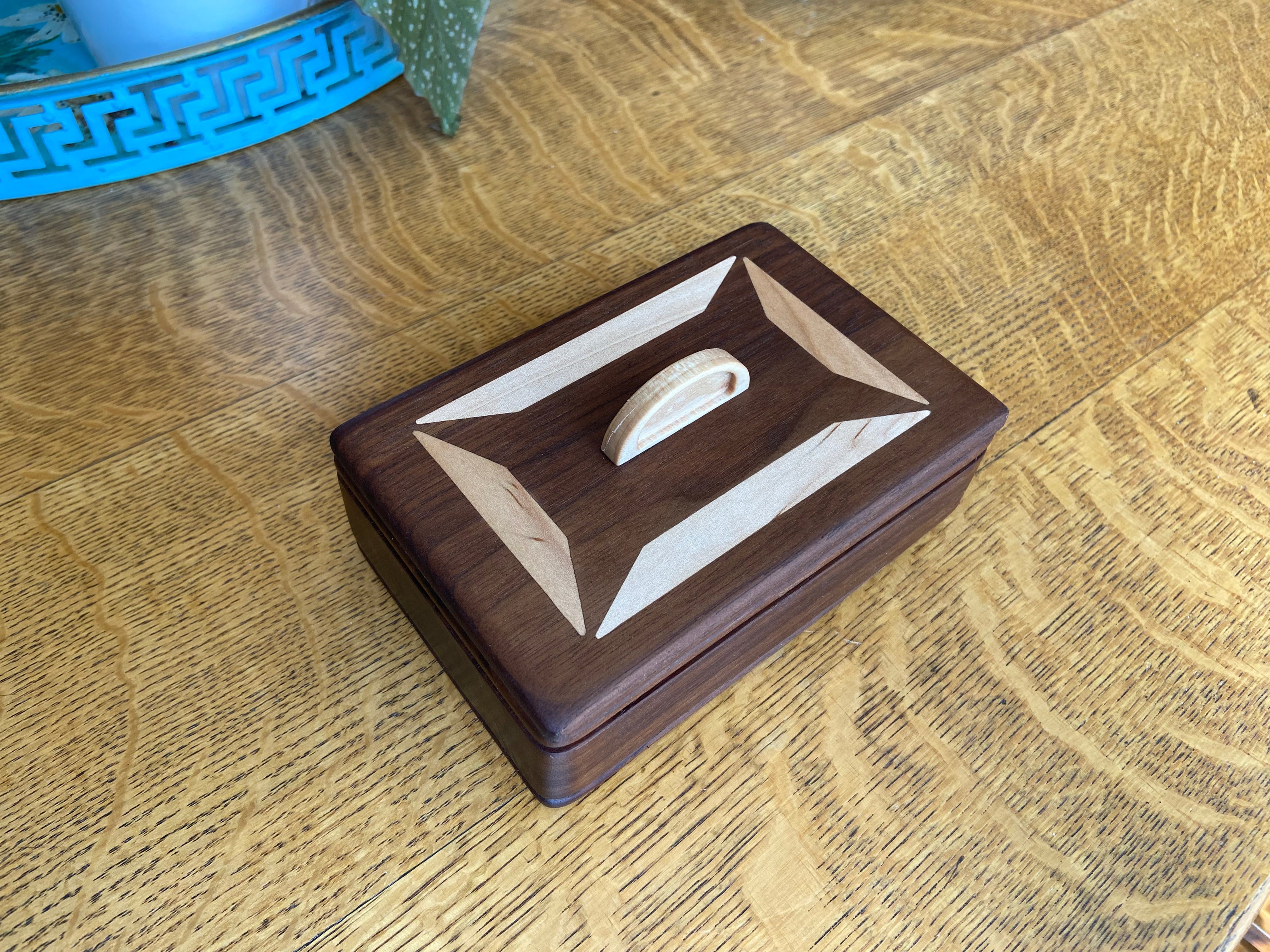 Handcrafted Lidded Keepsake Box with Wood Inlay and Carved Handle - 6
