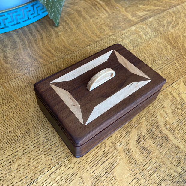 Handcrafted Lidded Keepsake Box with Wood Inlay and Carved Handle - 6" x 4"