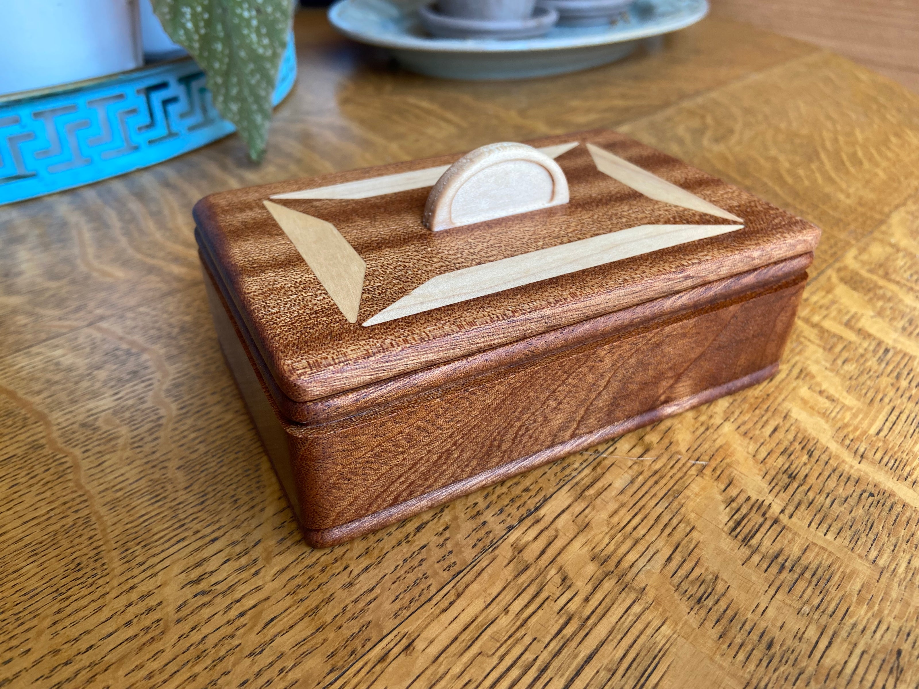 Handcrafted Lidded Keepsake Box with Wood Inlay and Carved Handle - 6