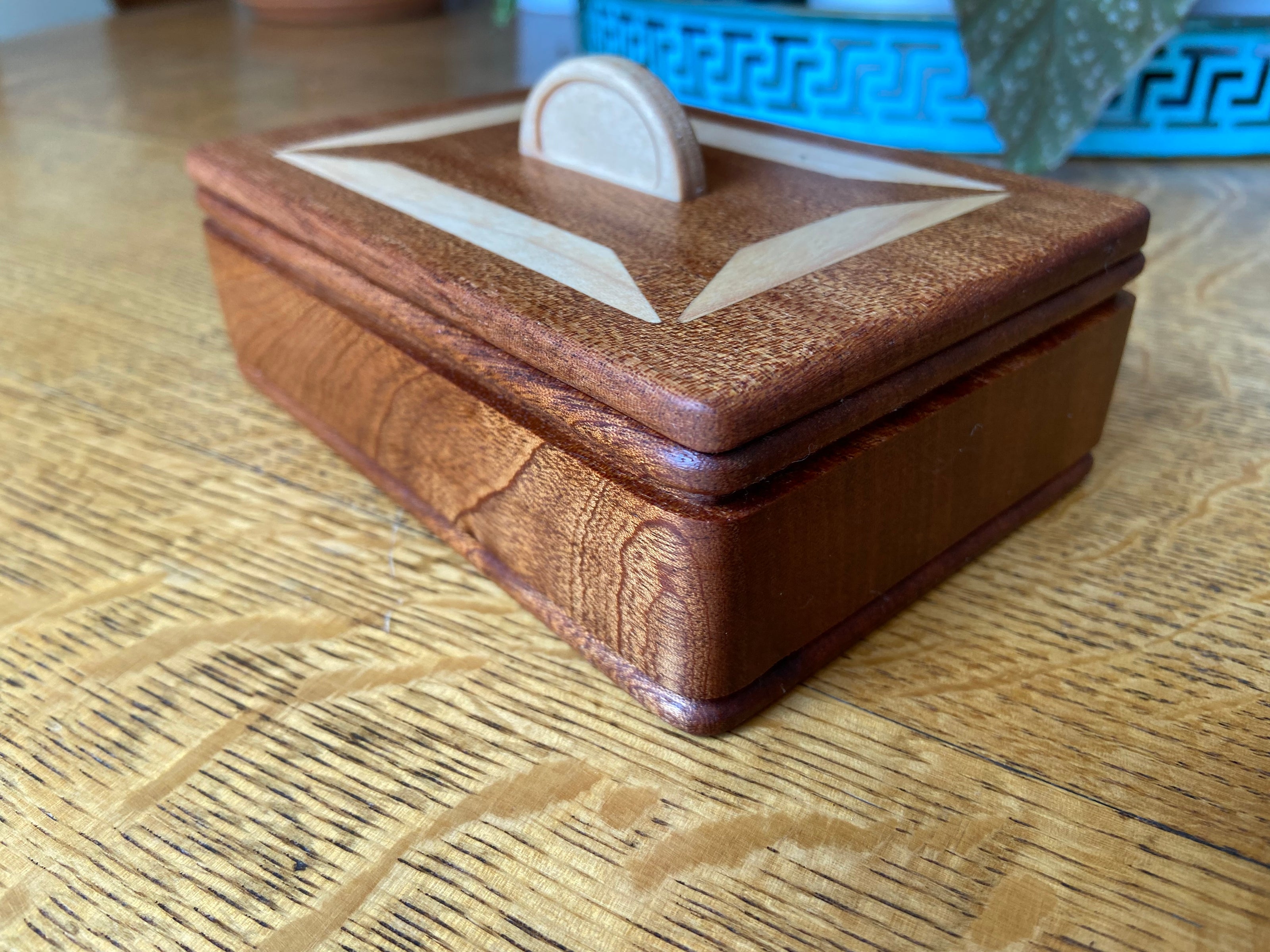 Handcrafted Lidded Keepsake Box with Wood Inlay and Carved Handle - 6