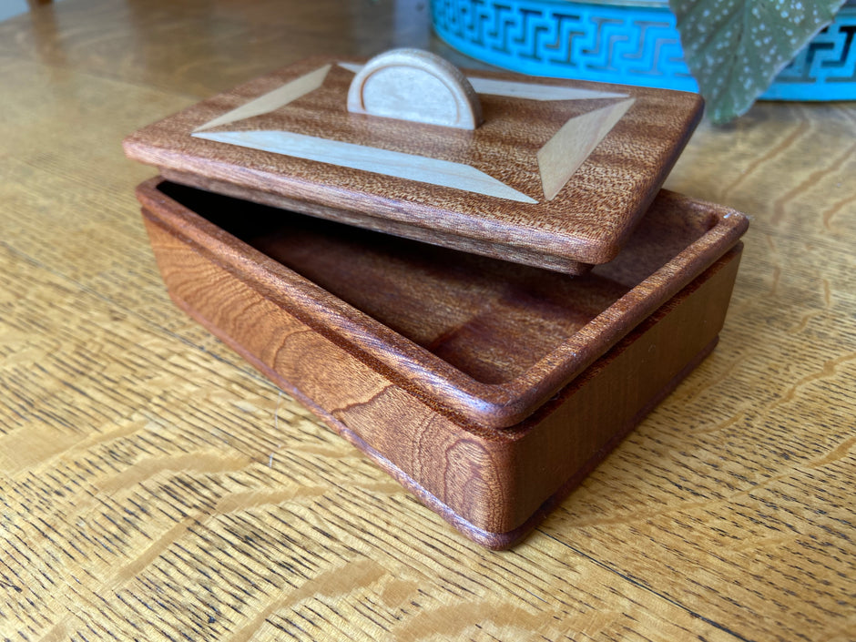 Handcrafted Lidded Keepsake Box with Wood Inlay and Carved Handle - 6