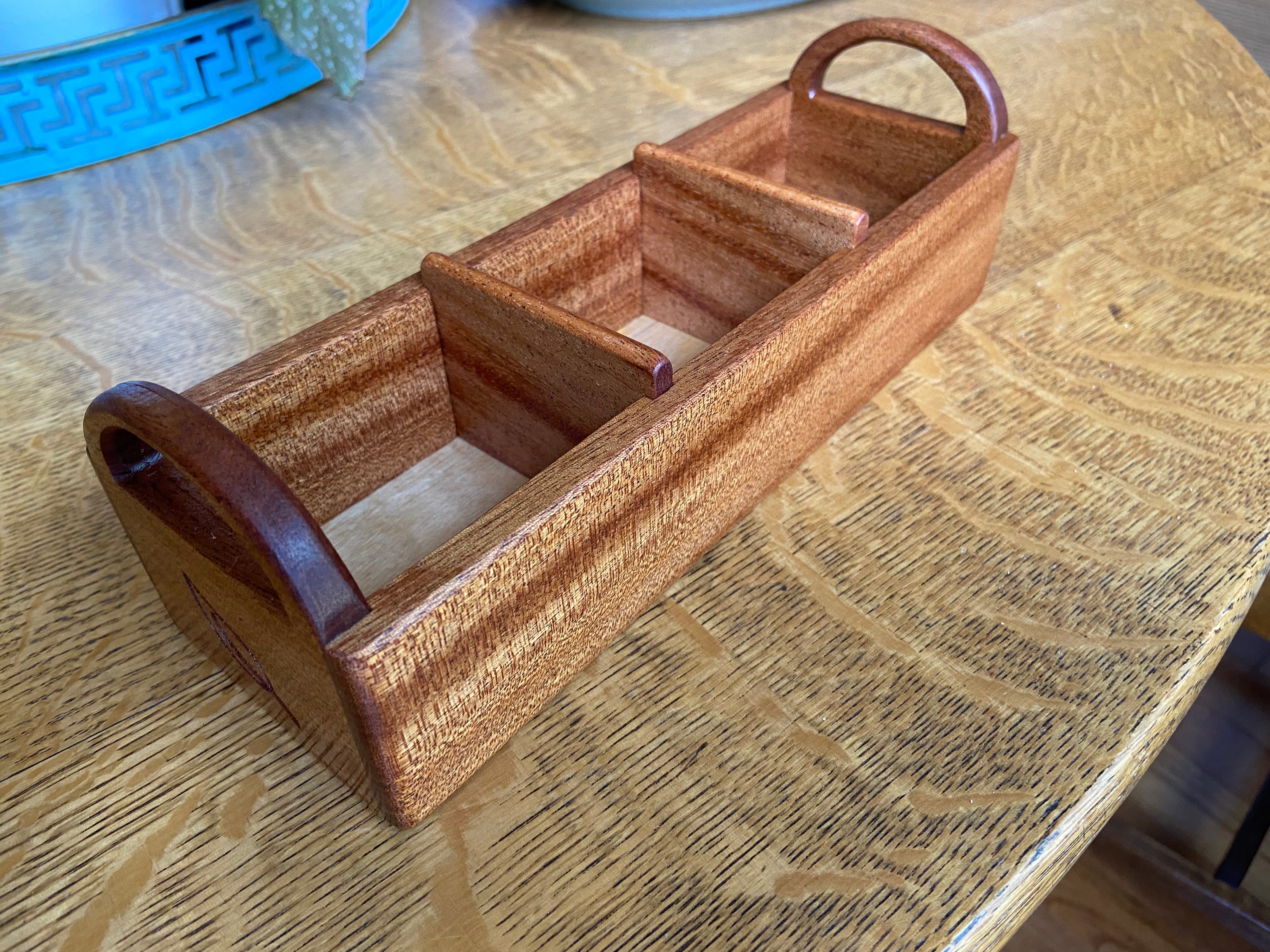 Hand‑Carved Mahogany Tea Caddy with Tea Leaf Engraving