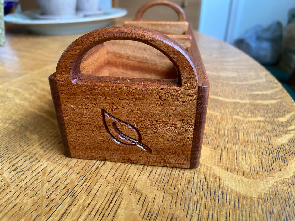 Hand‑Carved Mahogany Tea Caddy with Tea Leaf Engraving