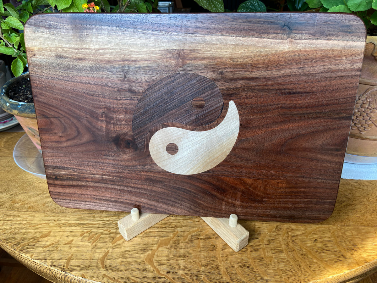 Series #05 | Walnut Charcuterie Board with Soft Maple & Peruvian Walnut Yin Yang Inlay| Handmade Serving Board