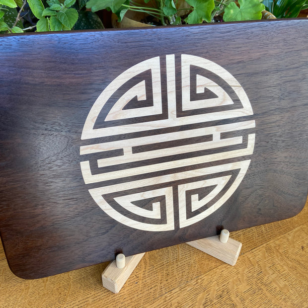 Walnut Charcuterie Board with Chinese Shou Symbol - Longevity Inlay