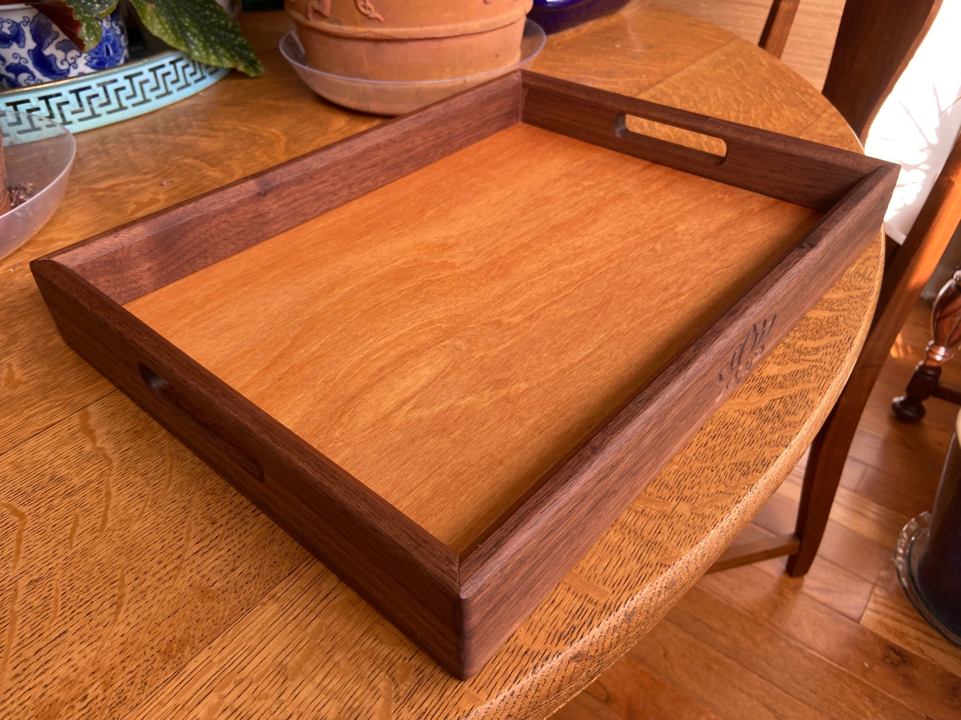 Handcrafted Walnut Decorative Tray with Lotus Engraving