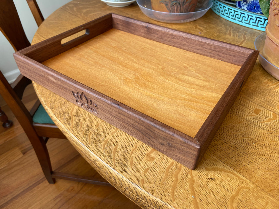 Handcrafted Walnut Decorative Tray with Lotus Engraving
