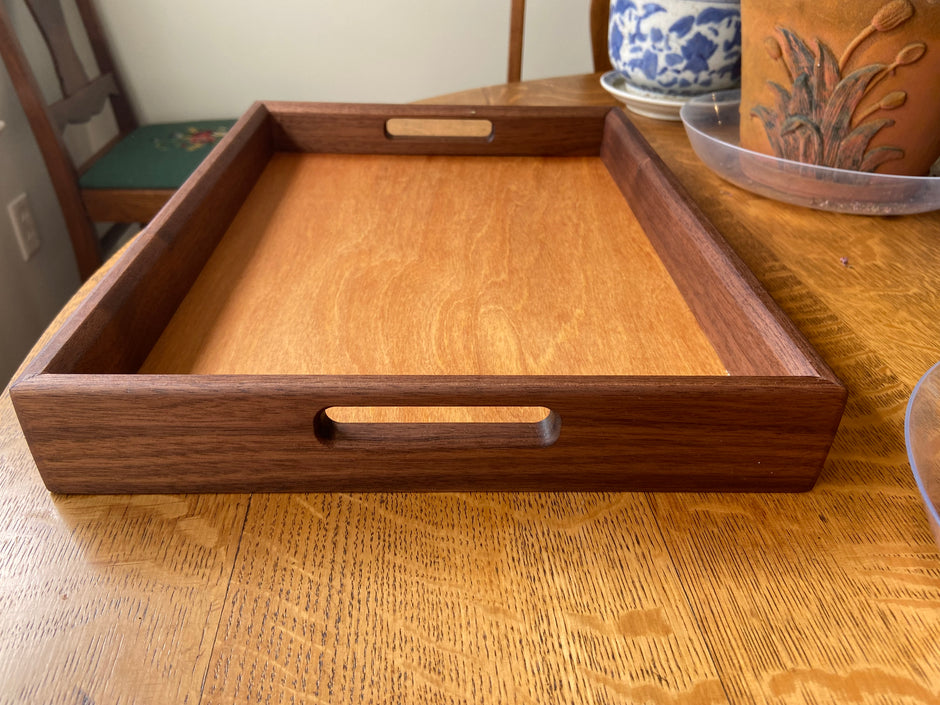 Handcrafted Walnut Decorative Tray with Lotus Engraving