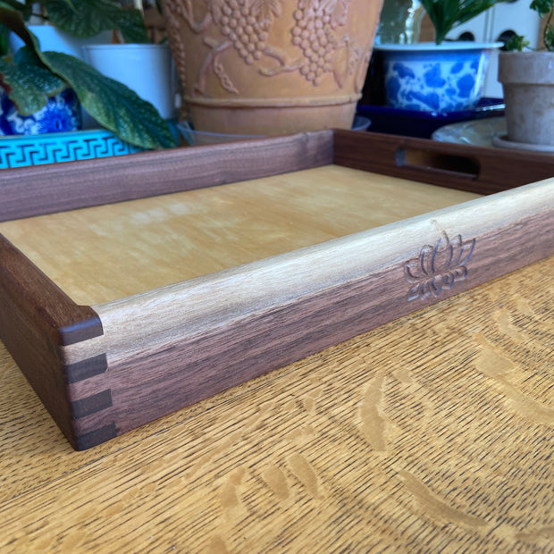 Handcrafted Walnut Decorative Tray with Lotus Engraving and Box Jointed Corners