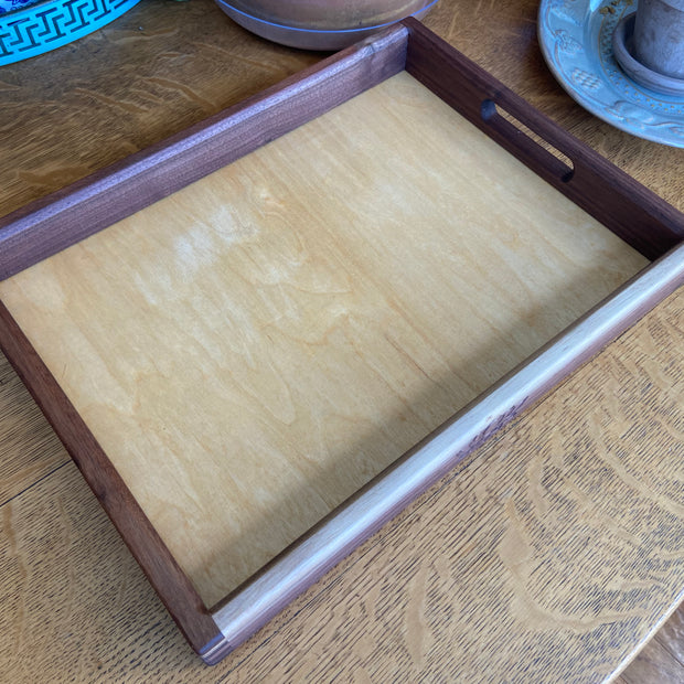 Handcrafted Walnut Decorative Tray with Lotus Engraving and Box Jointed Corners
