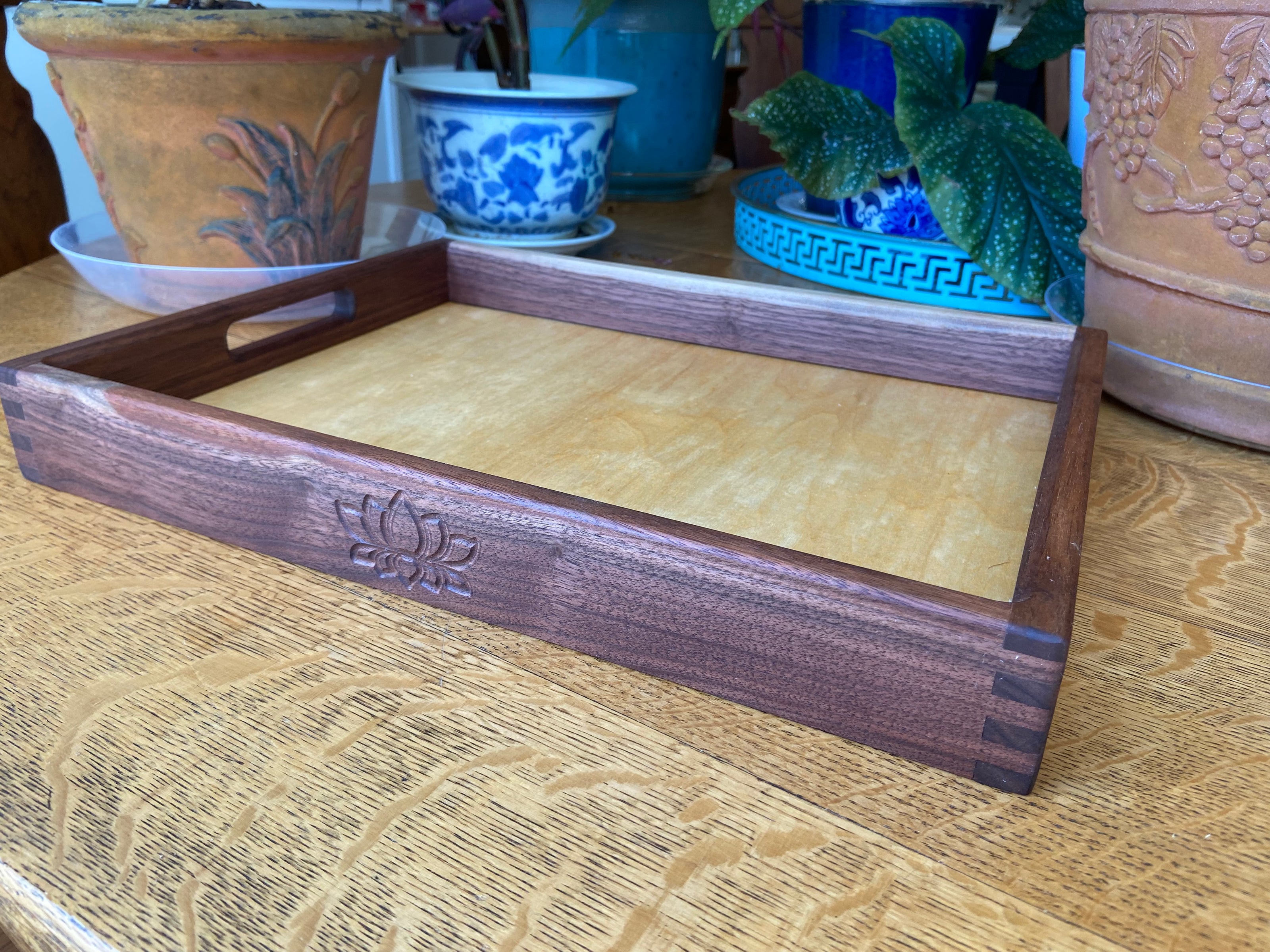 Handcrafted Walnut Decorative Tray with Lotus Engraving and Box Jointed Corners