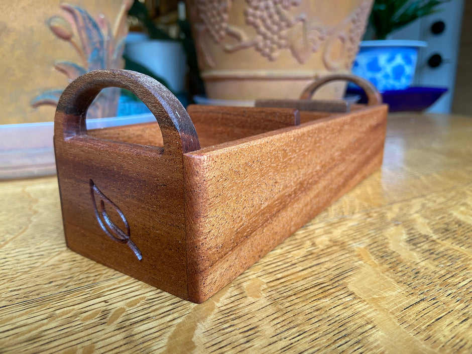 Hand‑Carved Mahogany Tea Caddy with Tea Leaf Engraving