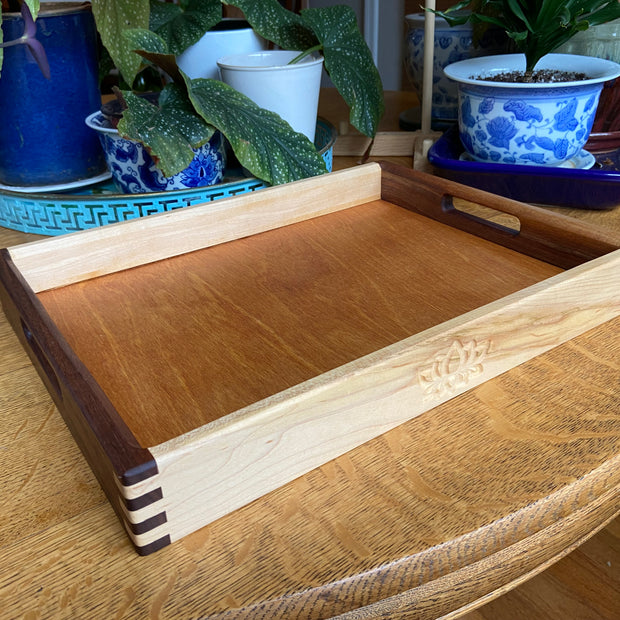 Lotus Engraved Decorative Tray with Boxed Joints and Contrasting Wood