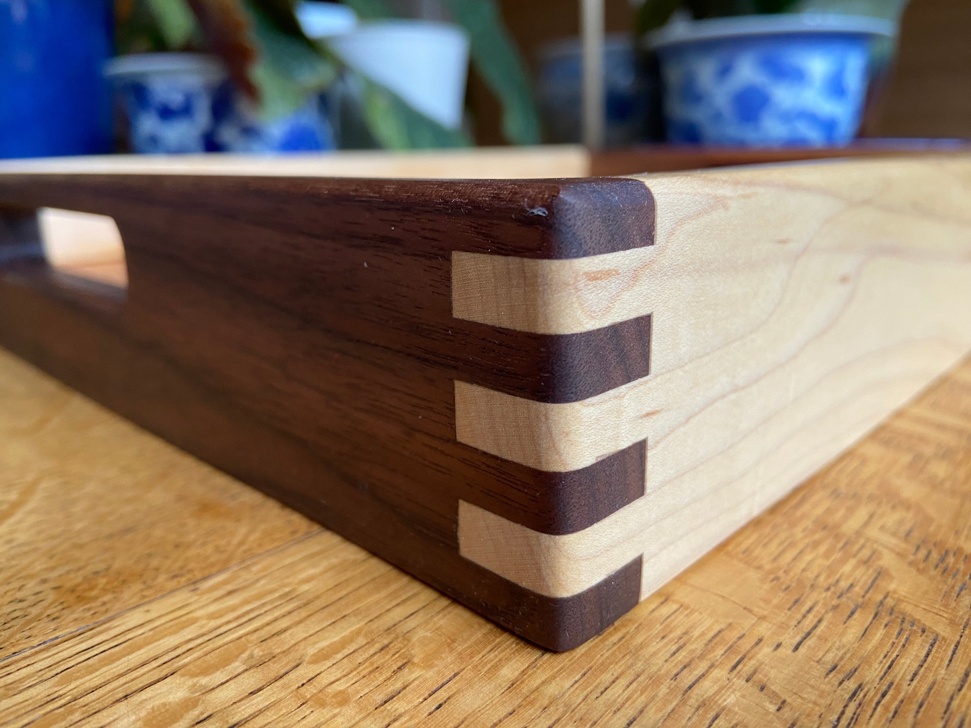 Lotus Engraved Decorative Tray with Boxed Joints and Contrasting Wood