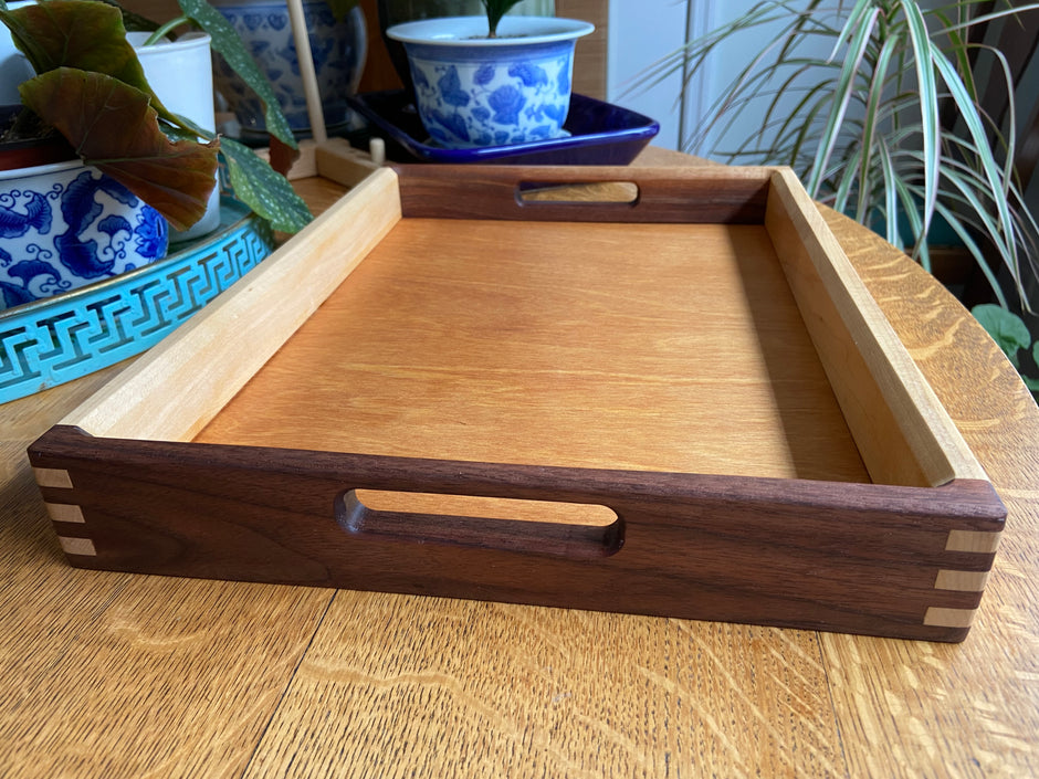 Lotus Engraved Decorative Tray with Boxed Joints and Contrasting Wood