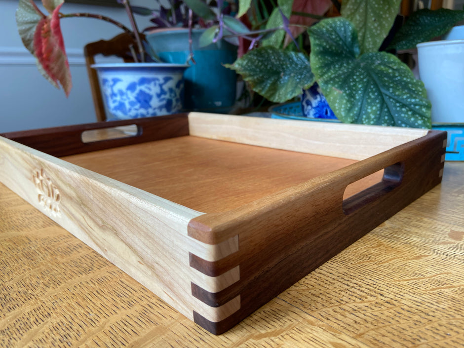 Lotus Engraved Decorative Tray with Boxed Joints and Contrasting Wood
