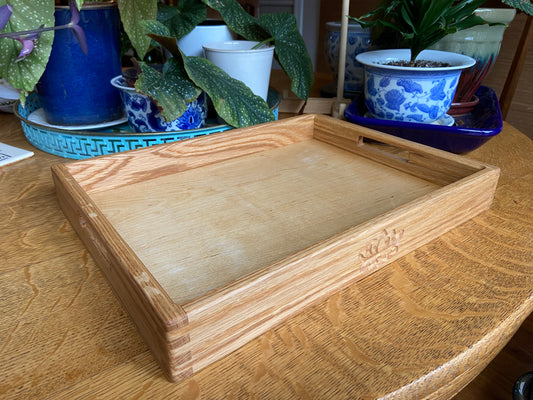Handcrafted Red Oak Decorative Tray with Lotus Engraving and Box Jointed Corners