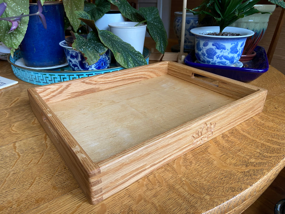 Handcrafted Red Oak Decorative Tray with Lotus Engraving and Box Jointed Corners