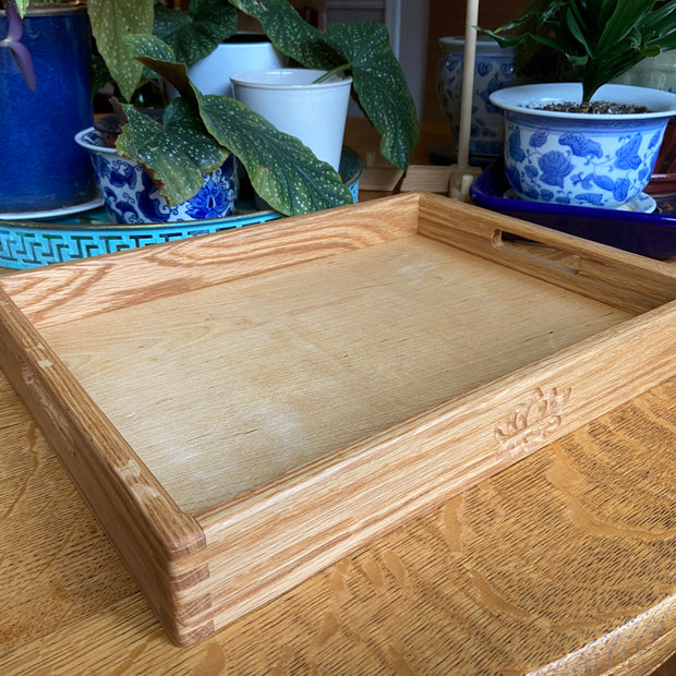 Handcrafted Red Oak Decorative Tray with Lotus Engraving and Box Jointed Corners