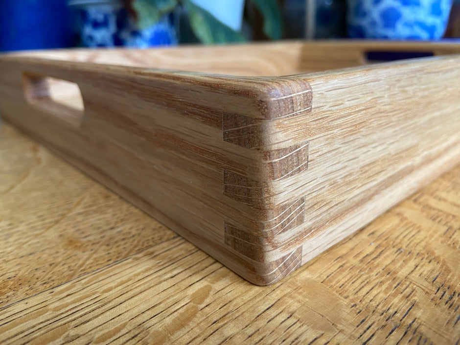 Handcrafted Red Oak Decorative Tray with Lotus Engraving and Box Jointed Corners