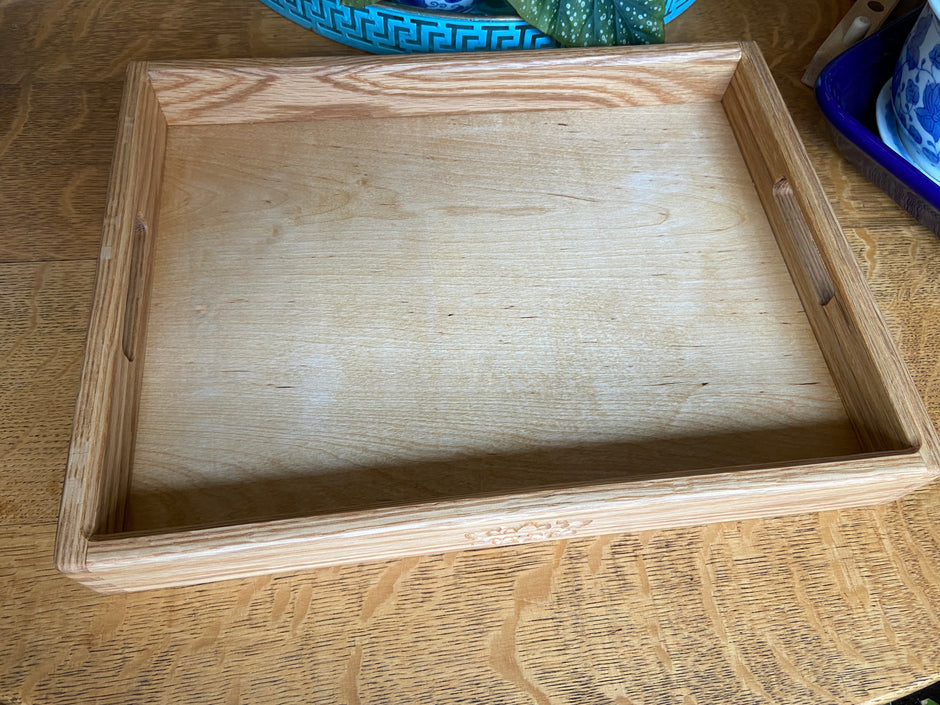 Handcrafted Red Oak Decorative Tray with Lotus Engraving and Box Jointed Corners
