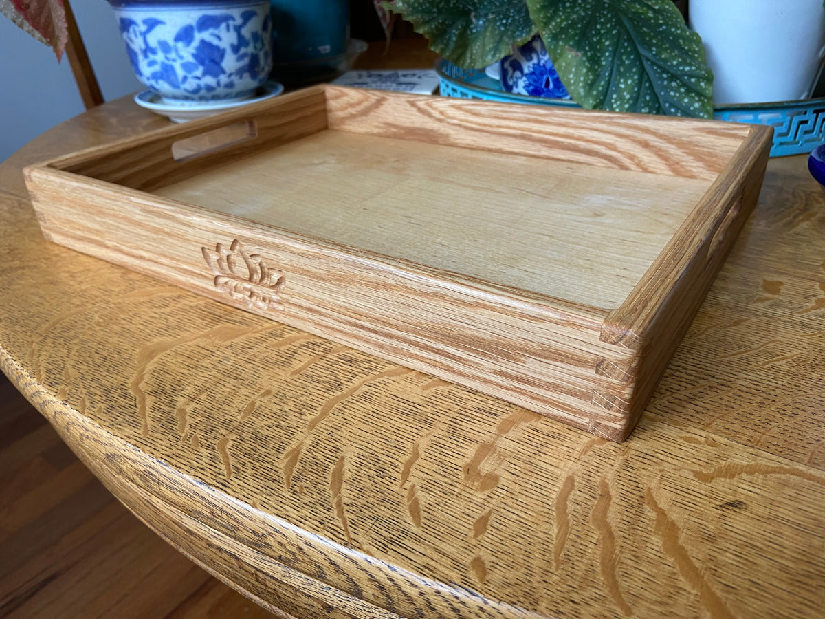 Series #01 | Red Oak Decorative Tray | Lotus Engraving | Box‑Jointed Corners