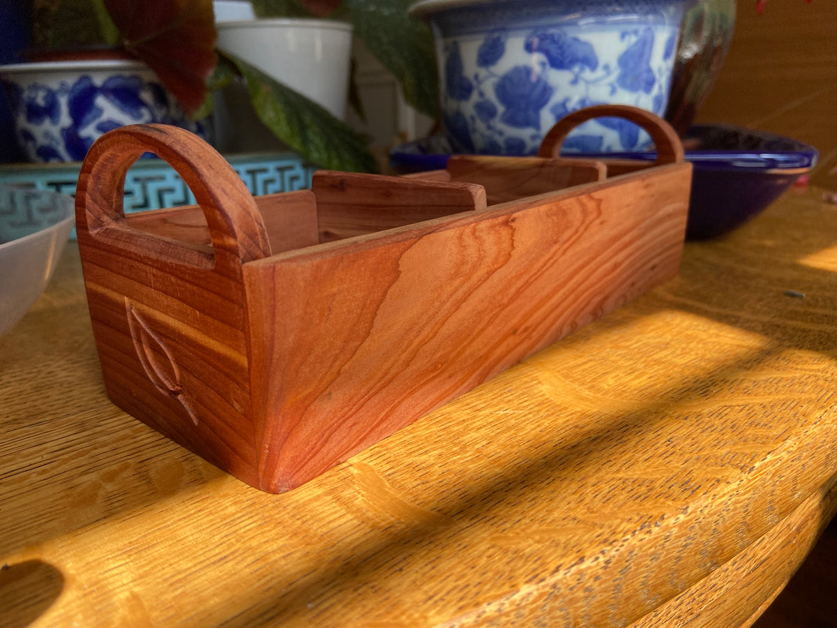 Series #07 | Red Cedar Tea Caddy | Hand‑Carved Handles & Tea‑Leaf Engravings