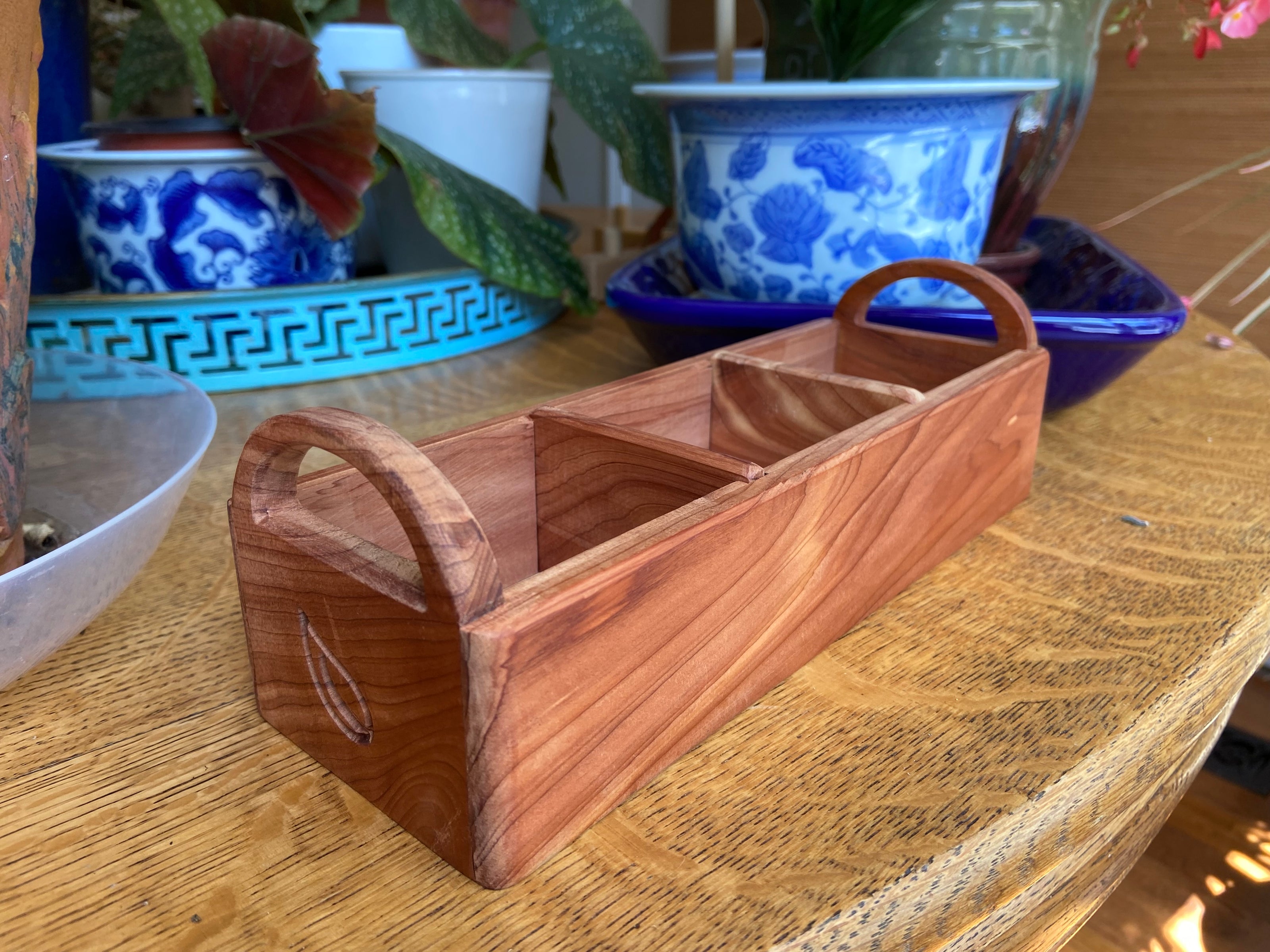 Hand‑Carved Red Cedar Tea Caddy with Tea Leaf Engraving
