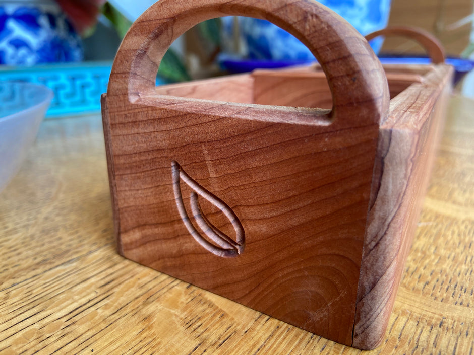 Hand‑Carved Red Cedar Tea Caddy with Tea Leaf Engraving