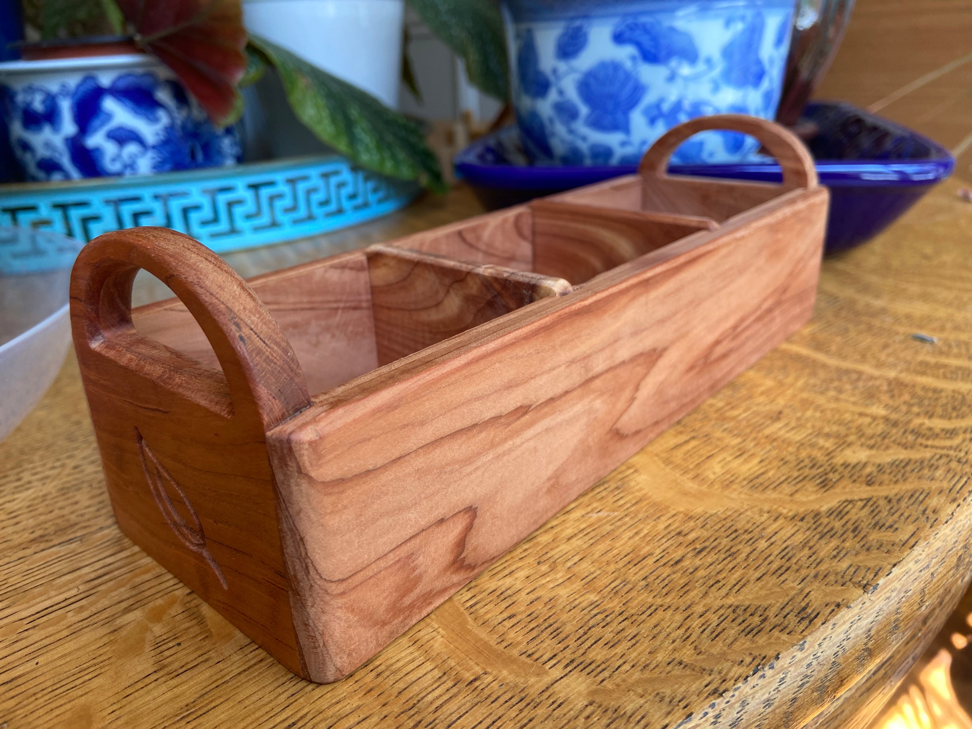 Hand‑Carved Red Cedar Tea Caddy with Tea Leaf Engraving