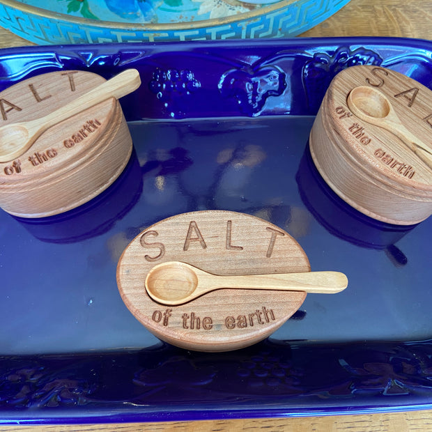 Hand-Carved Maple Salt Box with Engraved Lid & Spoon