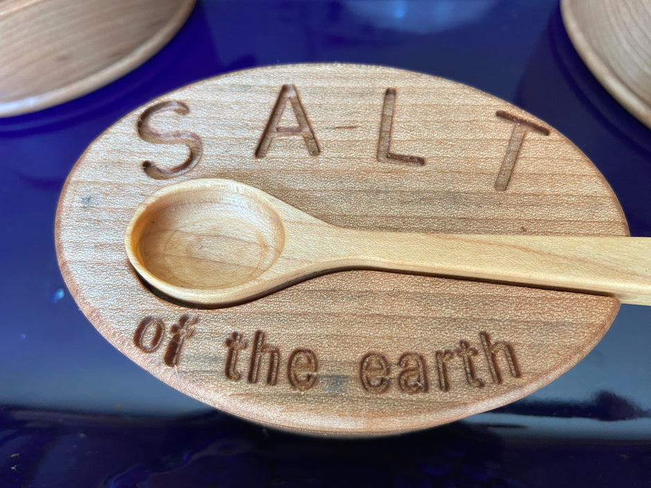 Hand-Carved Maple Salt Box with Engraved Lid & Spoon