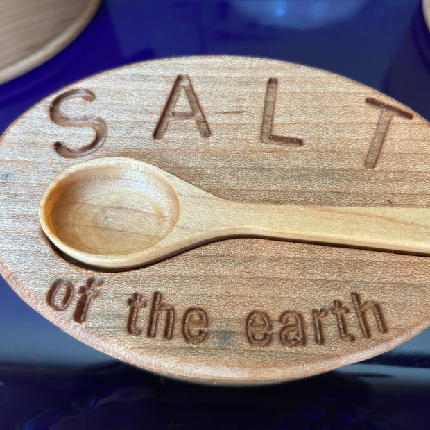 Hand-Carved Maple Salt Box with Engraved Lid & Spoon