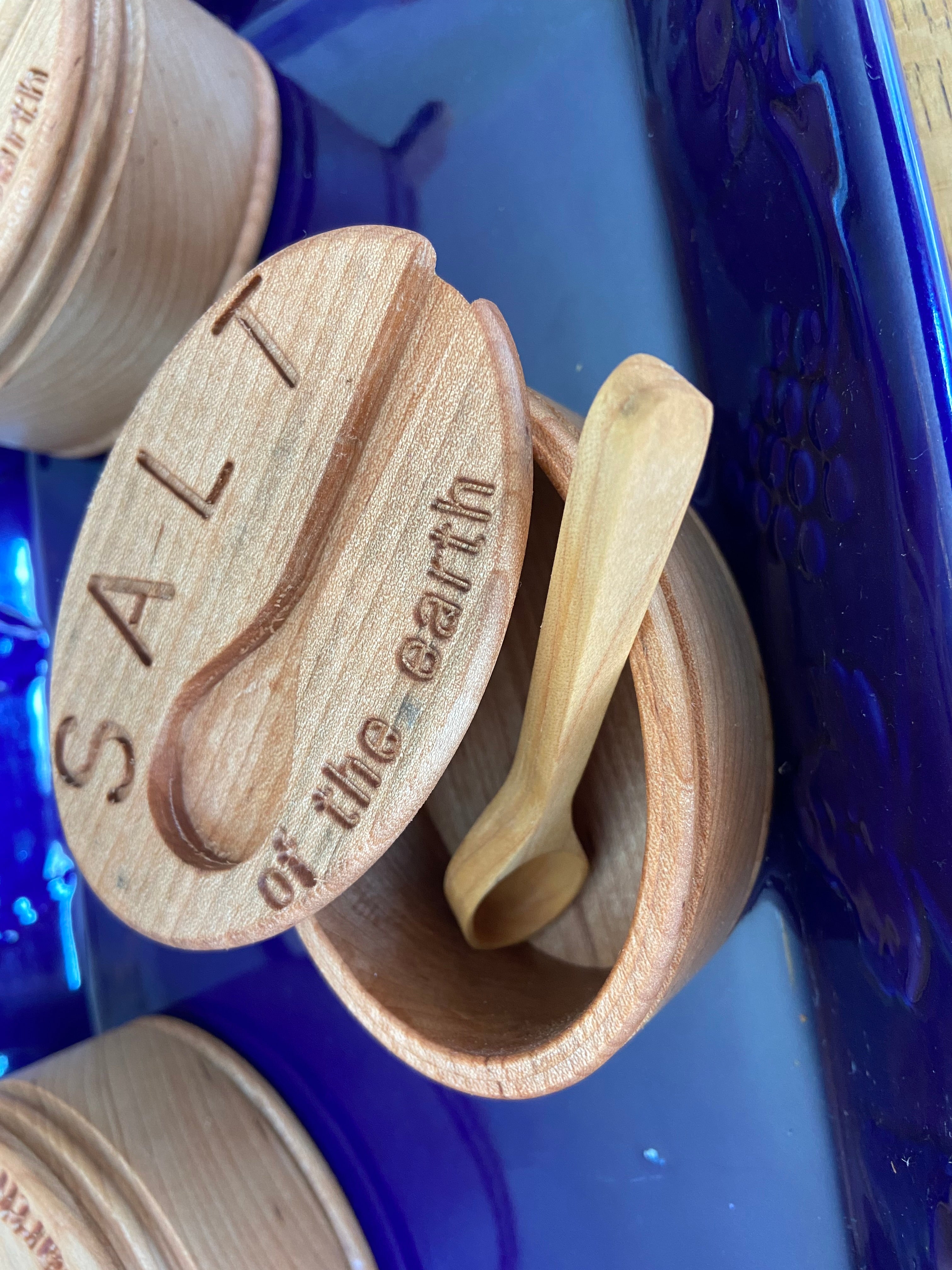 Hand-Carved Maple Salt Box with Engraved Lid & Spoon