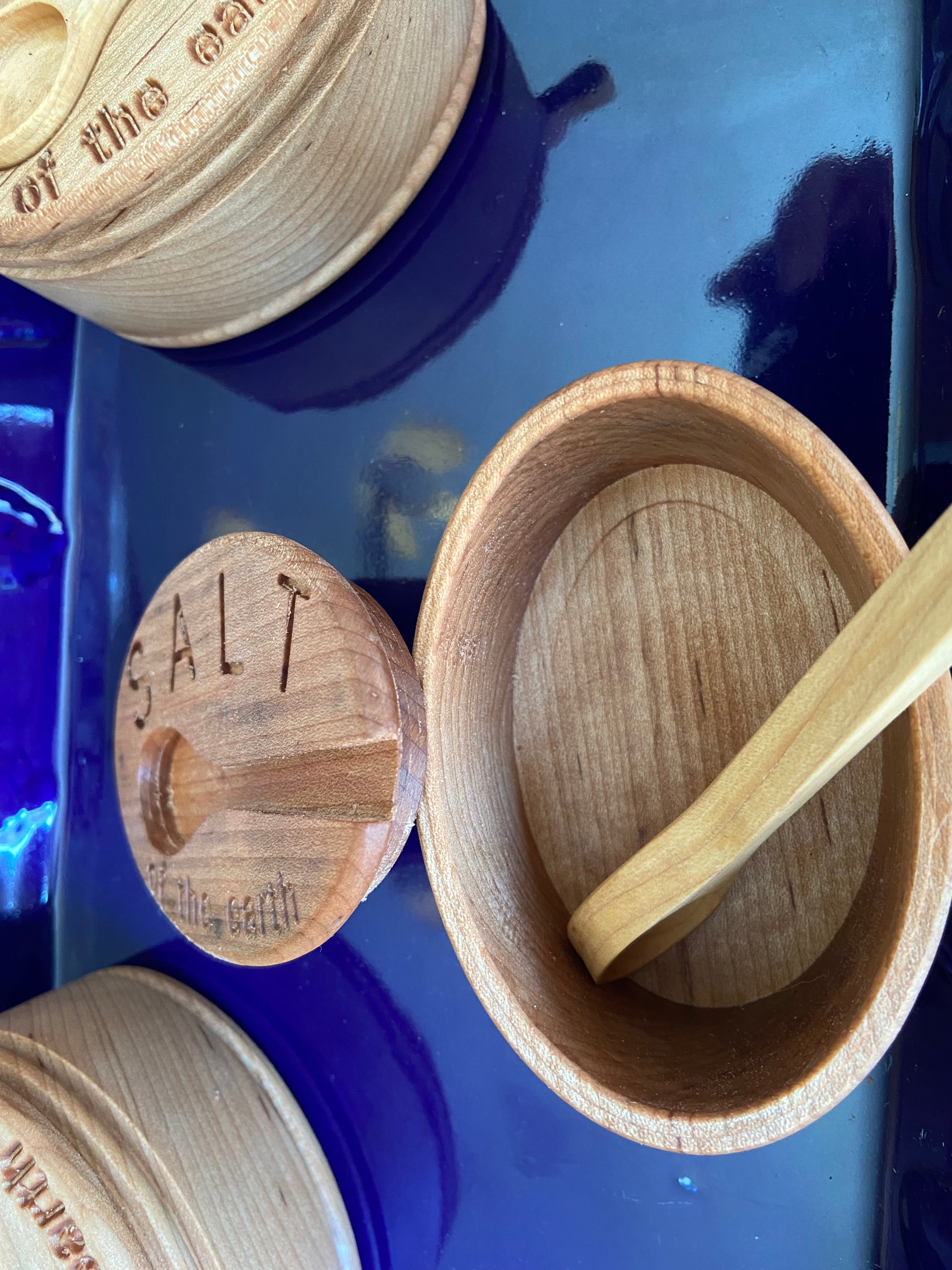 Hand-Carved Maple Salt Box with Engraved Lid & Spoon