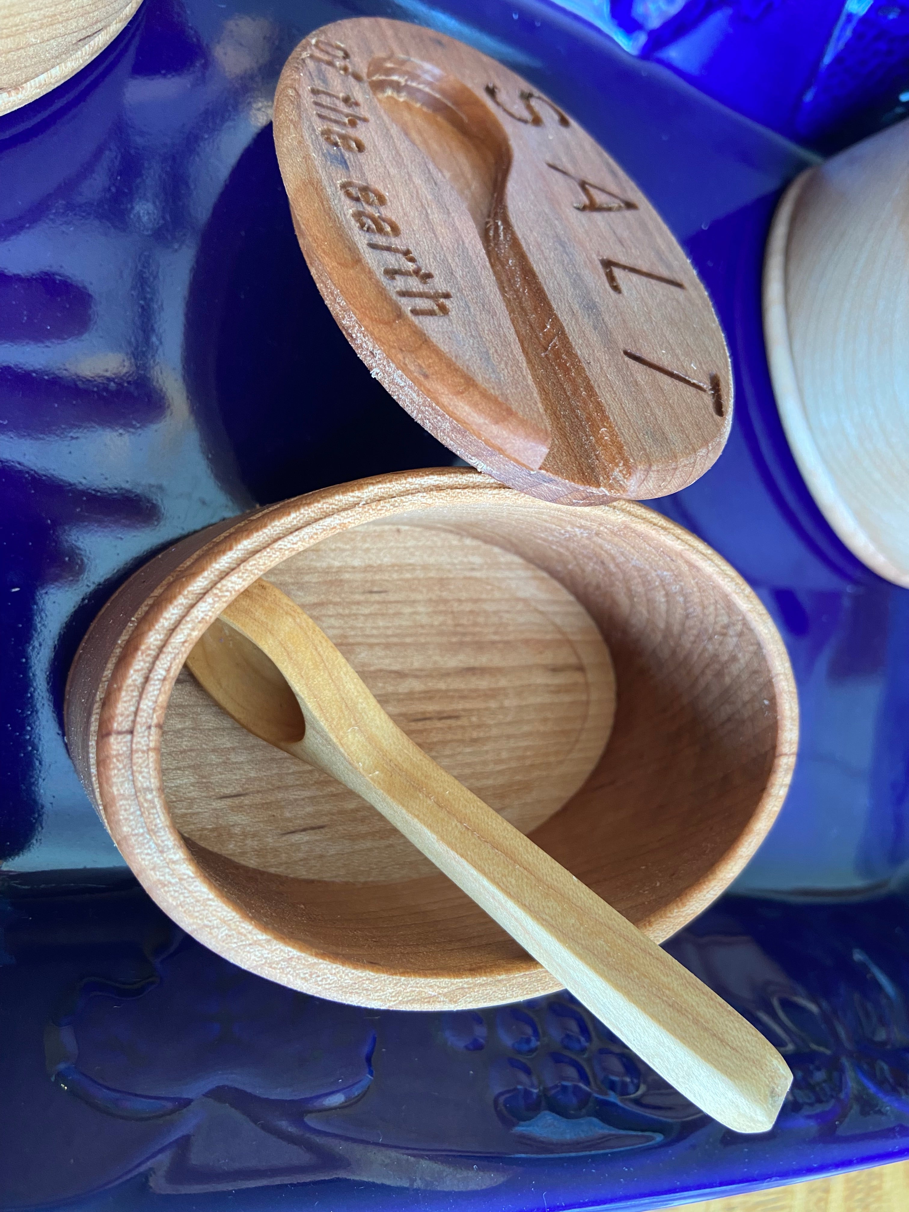 Hand-Carved Maple Salt Box with Engraved Lid & Spoon