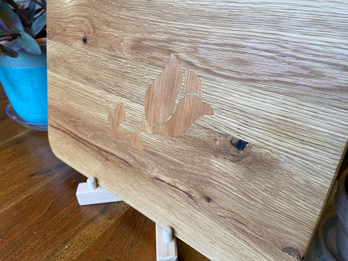 Series #01 | White Oak Charcuterie Board | Cherry Rose & Stem Inlay | Handmade Serving Board