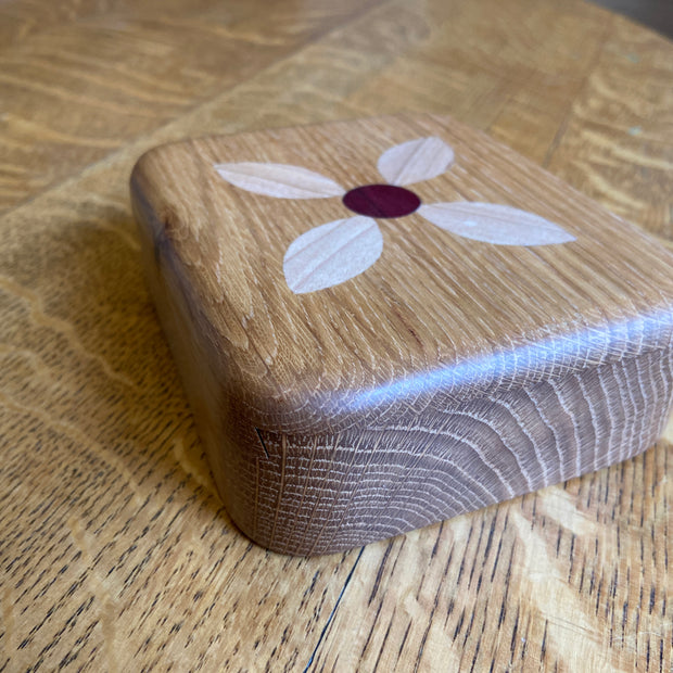 Series 01 – Small Square Keepsake Box – Sliding Dovetail Lid – Four Petal Rosette Inlay – Handcrafted White Oak
