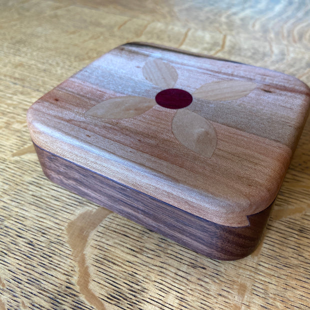 Series 01 – Small Square Keepsake Box – Sliding Dovetail Lid – Four Petal Rosette Inlay – Handcrafted Ambrosia Maple and Walnut