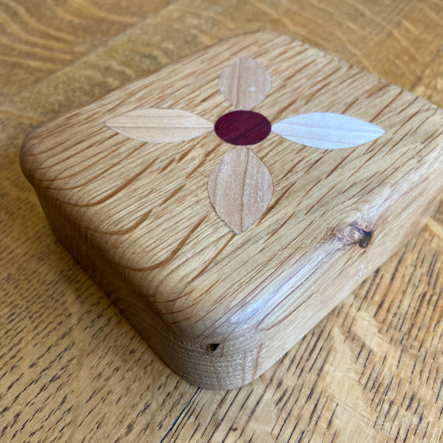 Series 01 – Small Square Keepsake Box – Sliding Dovetail Lid – Four Petal Rosette Inlay – Handcrafted White Oak