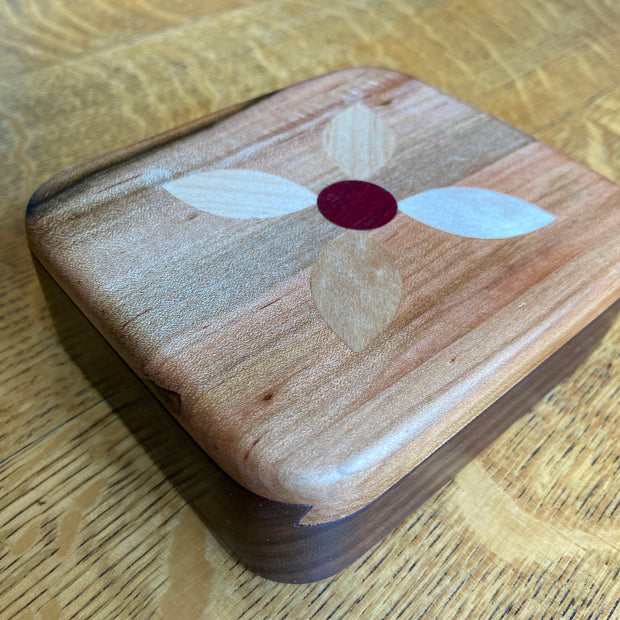 Series 01 – Small Square Keepsake Box – Sliding Dovetail Lid – Four Petal Rosette Inlay – Handcrafted Ambrosia Maple and Walnut